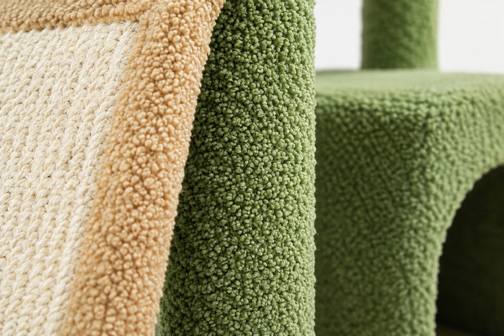 Petit Arbre à Chat Fleur 92 cm avec Niche : bouclé vert et rampe en sisal
