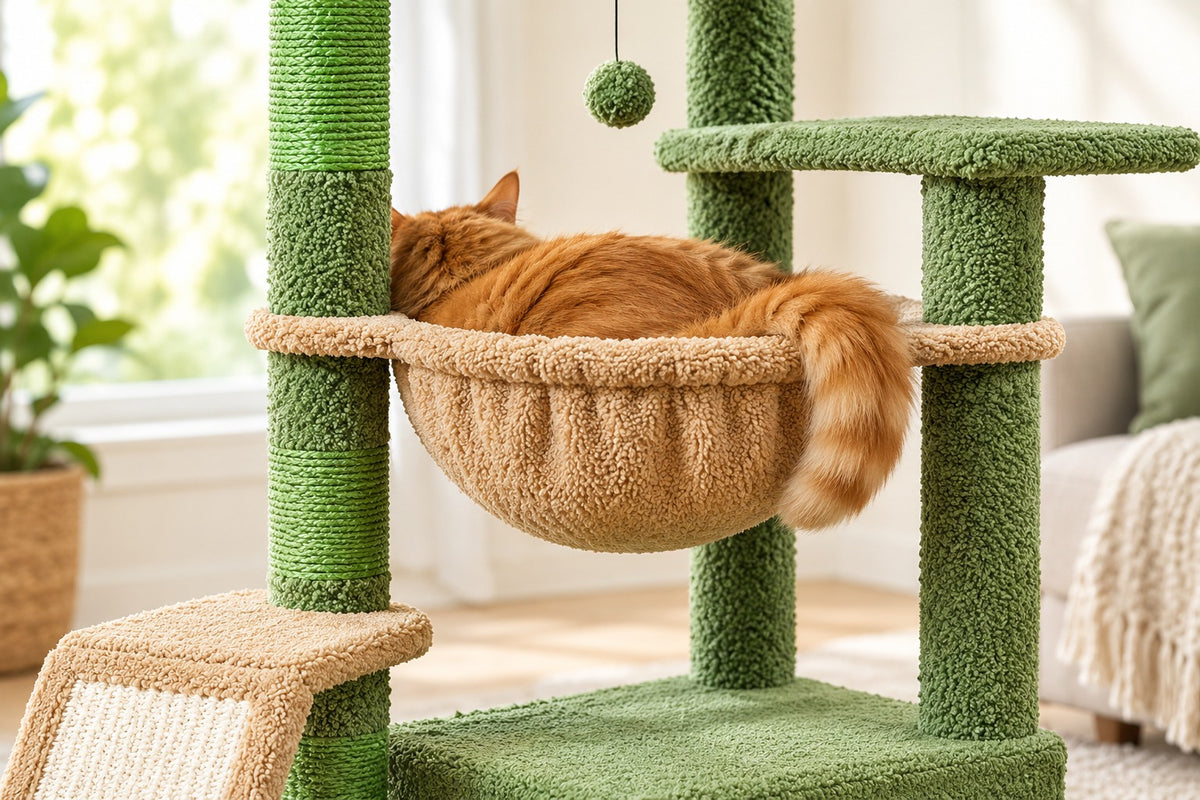 Petit Arbre à Chat Fleur 92 cm avec Niche : chat couché dans le hamac