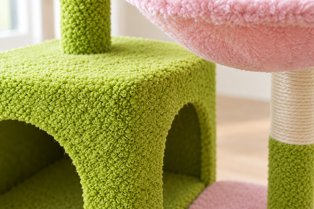 Petit Arbre à Chat Fleur 93 cm pour Chaton : bouclé vert et peluche rose