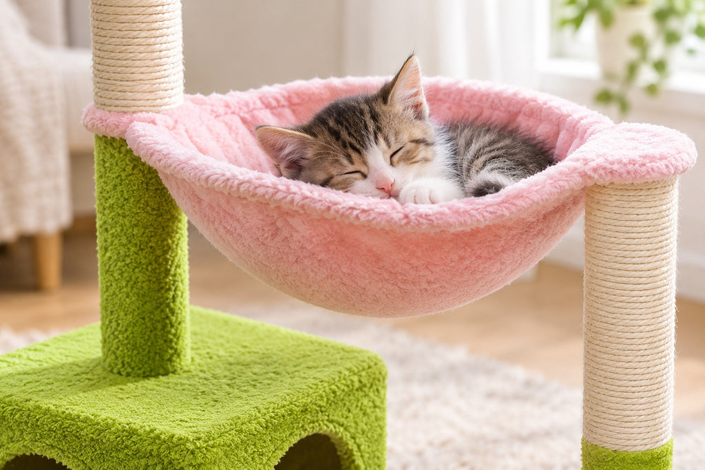 Petit Arbre à Chat Fleur 93 cm pour Chaton : chaton couché dans le hamac rose