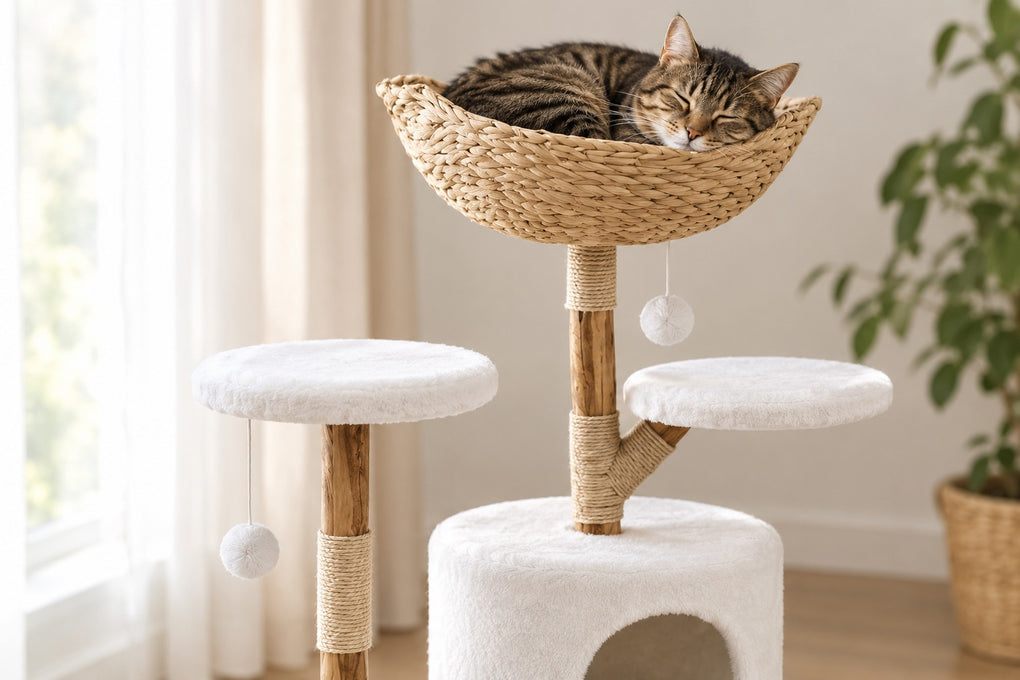 Arbre à Chat Design en Bois et Rotin 116 cm : chat couché dans le panier en rotin
