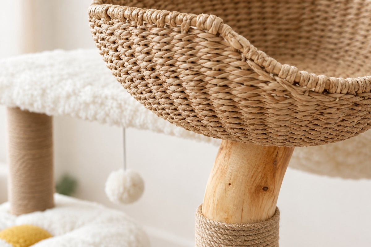 Arbre à Chat Design en Bois et Rotin 123 cm : tissage du panier en osier