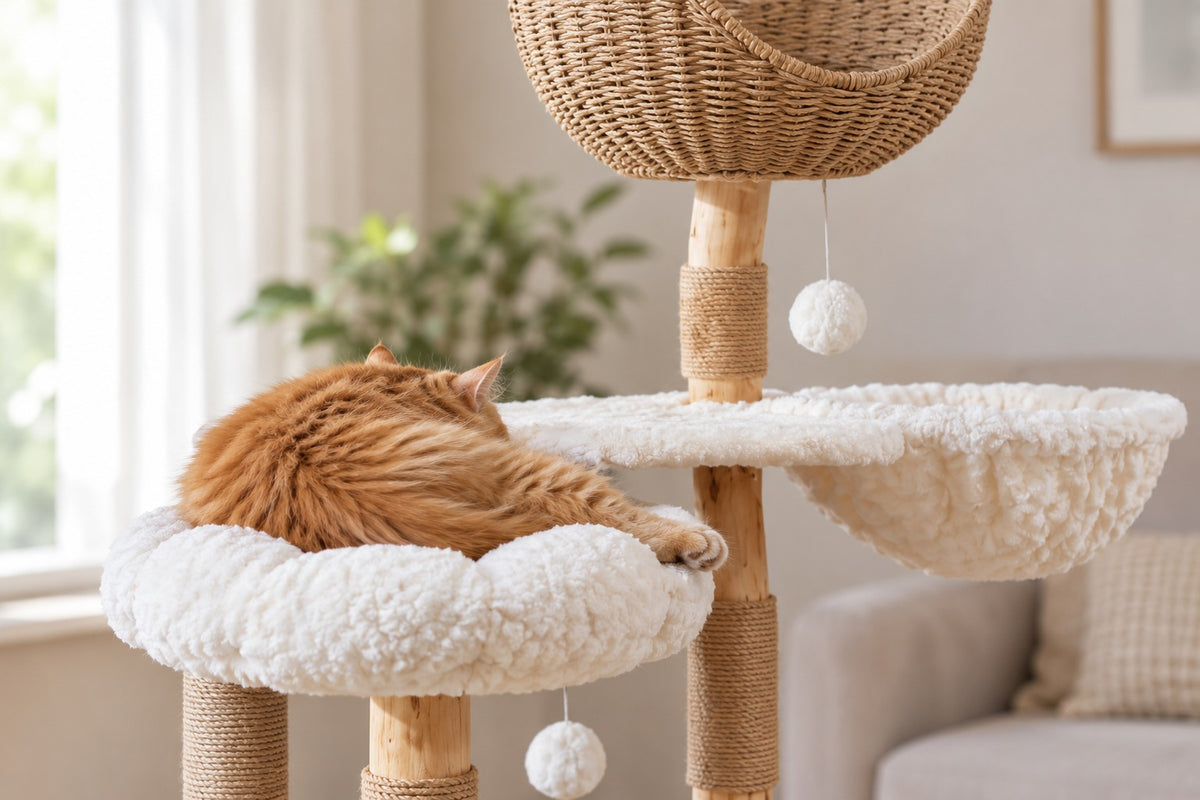 Arbre à Chat Design en Bois et Rotin 123 cm : chat couché sur la plateforme en peluche