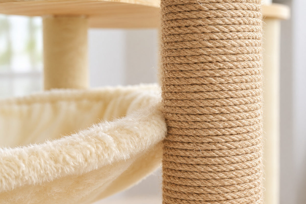 Arbre à Chat en Bois 143 cm avec Hamac : sisal naturel et peluche crème