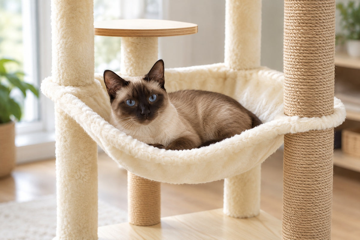 Arbre à Chat en Bois 143 cm avec Hamac : chat couché dans le hamac crème