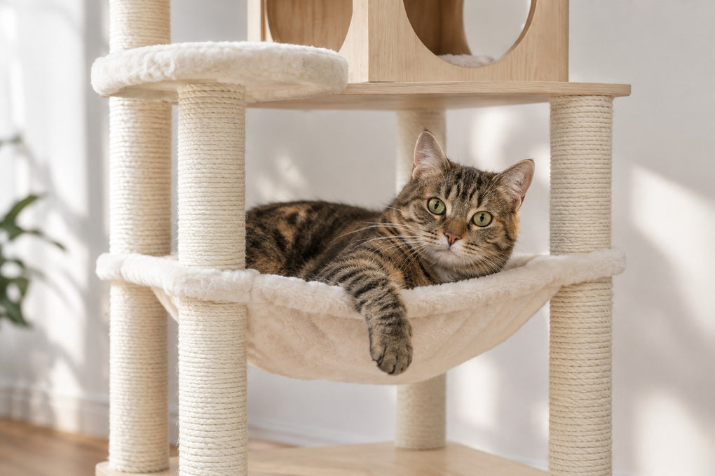 Arbre à Chat en Bois 143 cm pour Maine Coon : chat couché dans le hamac crème