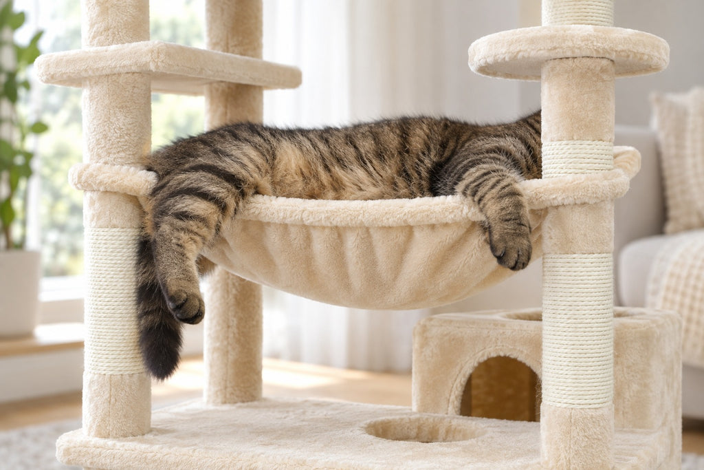 Arbre à Chat Maine Coon XXL 184 cm : chat étendu dans le hamac
