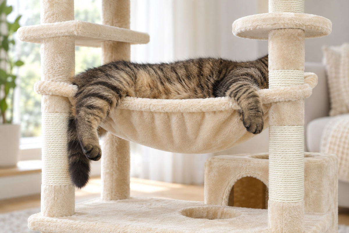 Arbre à Chat Maine Coon XXL 184 cm : chat étendu dans le hamac