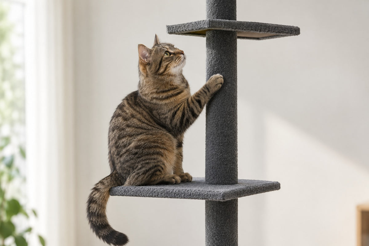 Arbre à Chat Sol-Plafond 228–273 cm : chat assis sur la plateforme grise